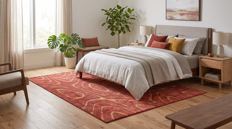 5' x 8' Rectangular Terracotta Red & Mustard Gold Abstract Wavy Contour Line Modern Contemporary Area Rug placed beneath a bed with white bedding and wooden nightstands.