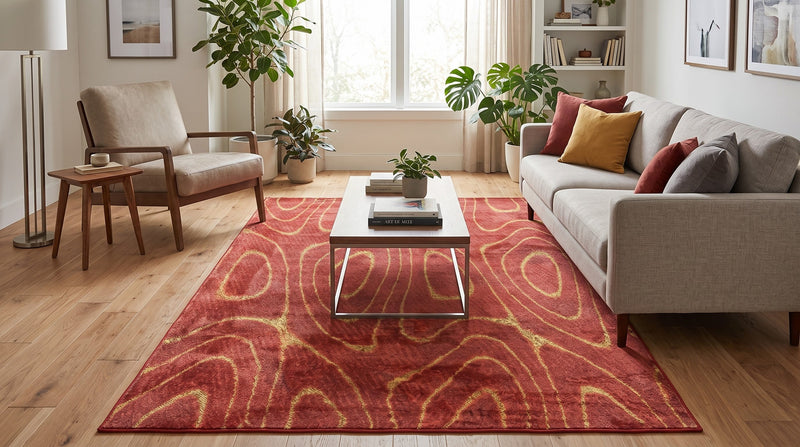 5' x 8' Rectangular Terracotta Red & Mustard Gold Abstract Wavy Contour Line Modern Contemporary Area Rug styled in a living room with a beige sofa and white coffee table.
