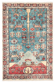 5' x 8' Rectangular Turquoise Blue & Rust Red Pictorial Animal Traditional Area Rug featuring deer motifs, floral details, and a decorative Oriental border.