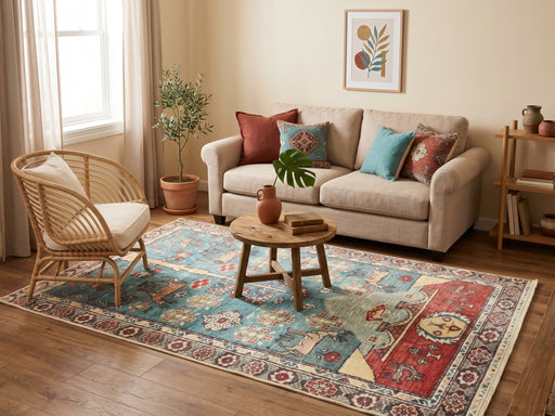 5' x 8' Rectangular Turquoise Blue & Rust Red Pictorial Animal Traditional Area Rug styled in a living room with a beige sofa and rattan accent chair.