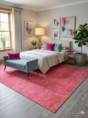 5' x 8' Rectangular Vibrant Pink Tonal Distressed Modern Contemporary Washable Area Rug placed beneath a white upholstered bed with a teal velvet bench.