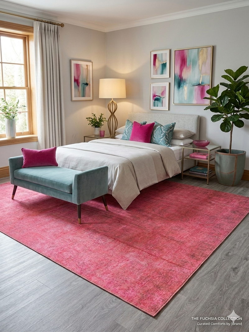 5' x 8' Rectangular Vibrant Pink Tonal Distressed Modern Contemporary Washable Area Rug placed beneath a white upholstered bed with a teal velvet bench.