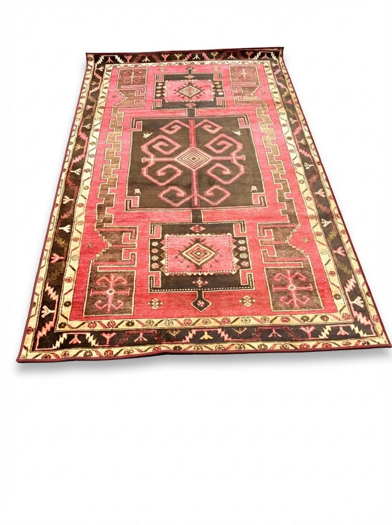5' x 8' Red Brown Gold Vintage-Inspired Geometric Area Rug displayed on a light neutral background.