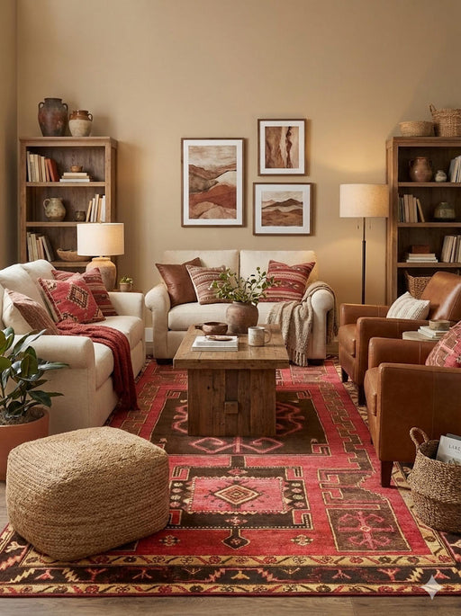 5' x 8' Red Brown Gold Vintage-Inspired Geometric Area Rug placed in a cozy living room with neutral-colored furniture, vibrant throw pillows, and a relaxed bohemian vibe.