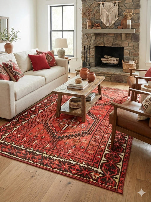 5' x 8' Red Espresso Brown Muted Black Vintage-Inspired Tribal Area Rug placed in a cozy living room with neutral-colored furniture, vibrant throw pillows, and a relaxed bohemian vibe.