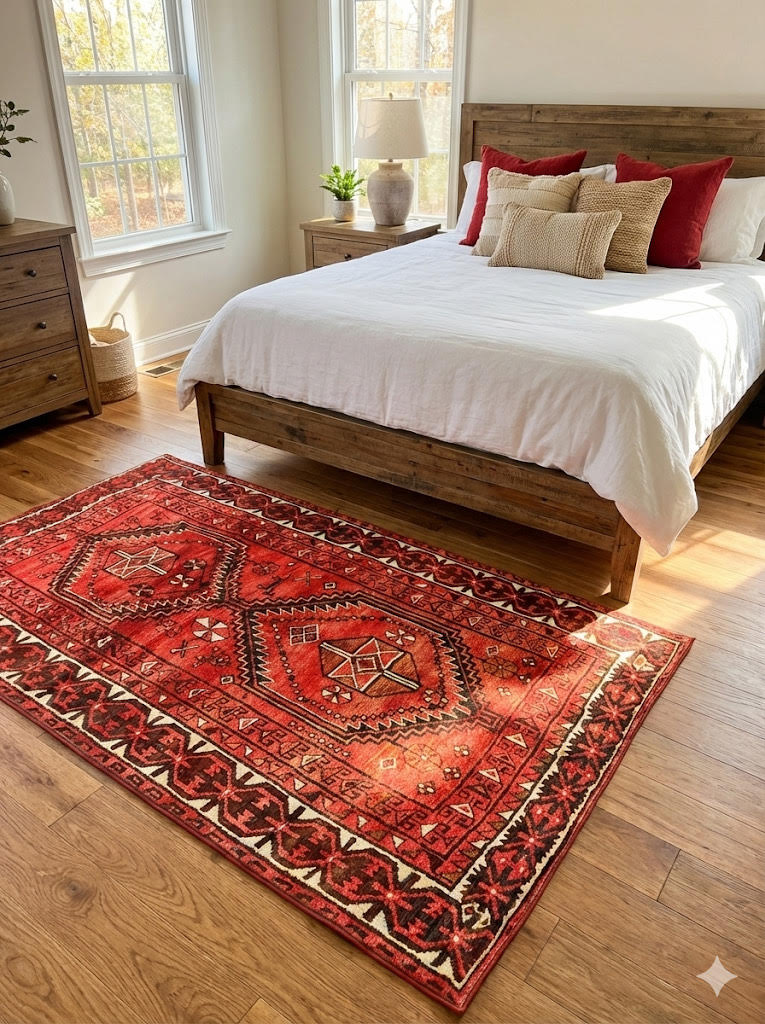 5' x 8' Red Espresso Brown Muted Black Vintage-Inspired Tribal Area Rug styled in a modern bedroom with a neutral upholstered bed with soft bedding and light wood flooring.