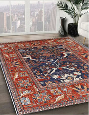 5' x 8' Red and Blue Mid-Century Modern Oriental Area Rug angled perspective emphasizing the rich pattern and decorative border details.