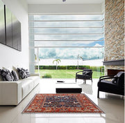 5' x 8' Red and Blue Mid-Century Modern Oriental Area Rug styled in a modern living room to showcase how the vibrant traditional design complements contemporary décor.