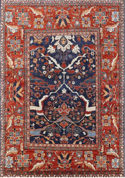 5' x 8' Red and Blue Mid-Century Modern Oriental Area Rug top view highlighting the detailed oriental pattern and contrasting red and navy tones.