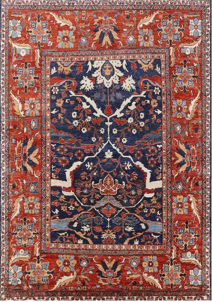 5' x 8' Red and Blue Mid-Century Modern Oriental Area Rug top view highlighting the detailed oriental pattern and contrasting red and navy tones.