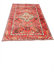 5' x 8'  Rich Red Cream Muted Blue  Area Rug featuring traditional floral pattern on a clean white background.