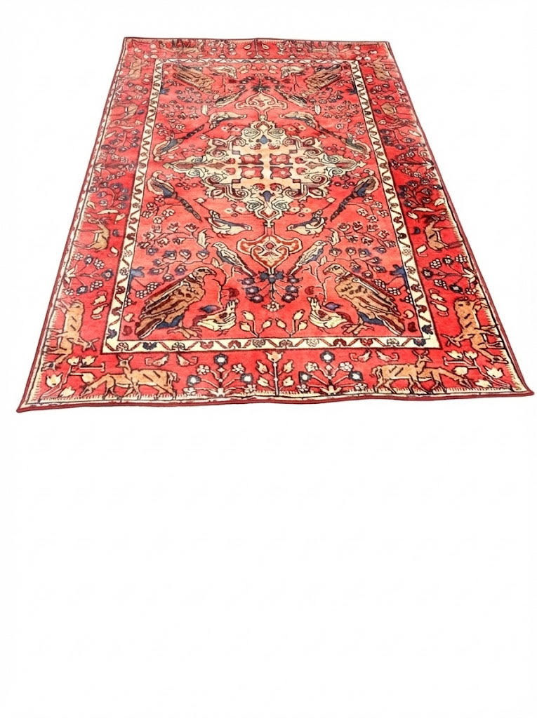 5' x 8'  Rich Red Cream Muted Blue  Area Rug featuring traditional floral pattern on a clean white background.