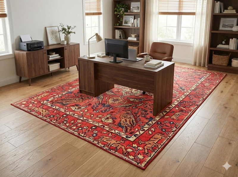 5' x 8'  Rich Red Cream Muted Blue Traditional Floral Area Rug placed under a wooden desk in a stylish home office with ample natural light and elegant bookshelves.