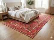 5' x 8'  Rich Red Cream Muted Blue Traditional Floral Area Rug styled in a modern bedroom beneath a neutral upholstered bed with soft bedding and light wood flooring.