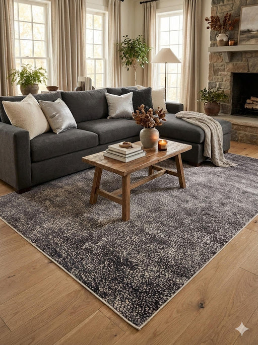 5' x 8' Textured Charcoal Gray Soft Black Neutral Area Rug placed in a cozy living room with light wood flooring and natural light 
streaming through the windows.