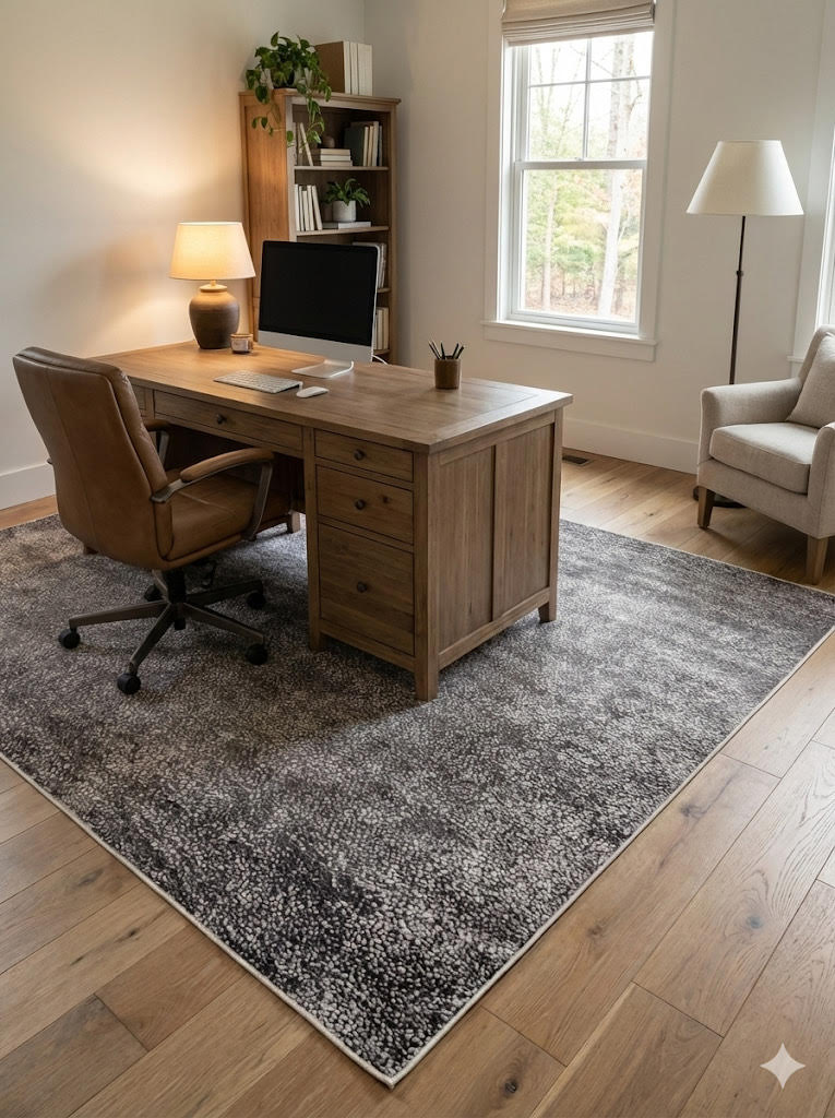 5' x 8' Textured Charcoal Gray Soft Black Neutral Area Rug placed under a wooden desk in a stylish home office with ample natural light and elegant bookshelves.
