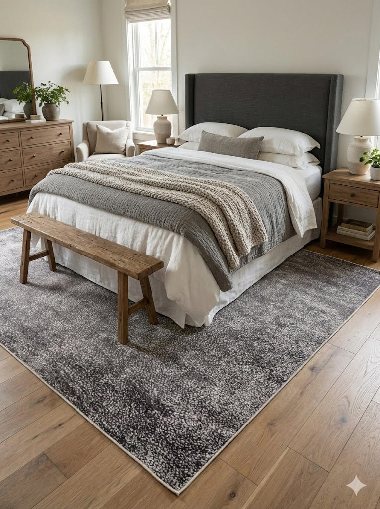 5' x 8' Textured Charcoal Gray Soft Black Neutral Area Rug styled in an elegant bedroom with wood nightstands.