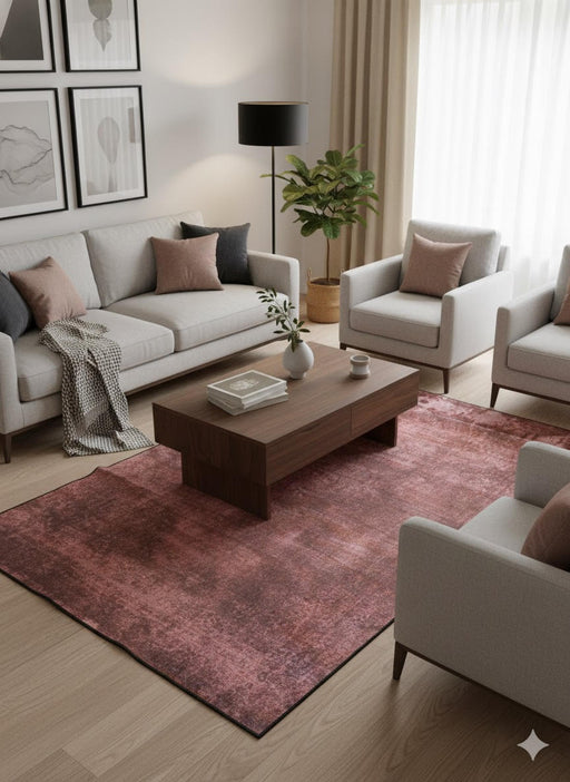 5' x 8' dusty rose and soft plum binding washable solid distressed area rug styled in a modern living room with a neutral sofa, wooden coffee table, and soft blush accent pillows.
