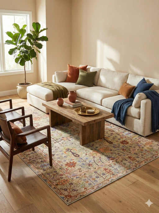 5' x 8' ivory multi color washable vintage floral area rug styled in a warm living room with a neutral sectional sofa, rustic wood coffee table, and earthy accent pillows.