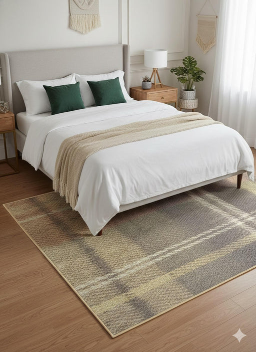 5' x 8' multi-color washable neutral ombre area rug styled in a modern bedroom with white bedding, natural wood furniture, and soft neutral décor.