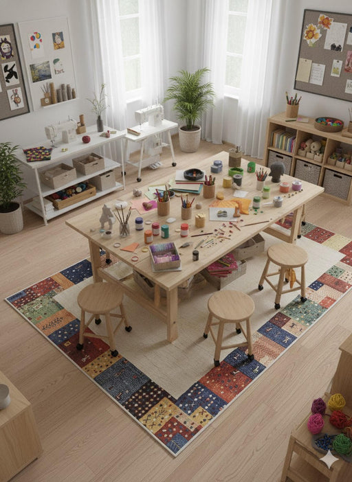 5' x 8' multi-color washable patchwork border area rug styled in a bright craft room with a wooden activity table, stools, and colorful art supplies, highlighting the playful patchwork border and soft neutral center.