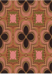 5' x 8' multi color geometric botanical area rug close-up showing pink, olive green, brown, and black floral-inspired geometric pattern.