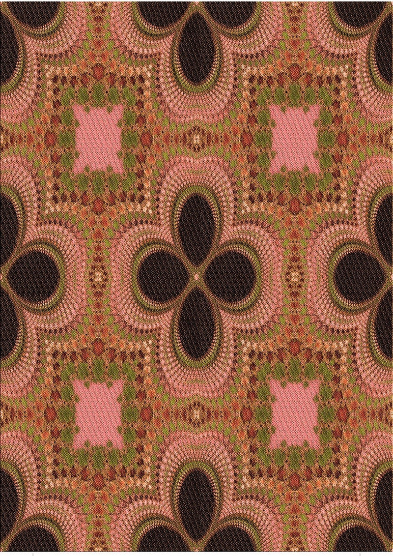 5' x 8' multi color geometric botanical area rug close-up showing pink, olive green, brown, and black floral-inspired geometric pattern.