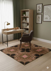 5' x 8' multi color geometric botanical area rug placed in a home office with a wooden desk and bookshelf.