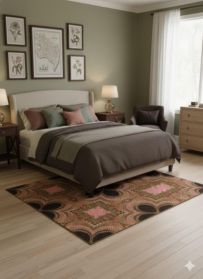 5' x 8' multi color geometric botanical area rug styled in a bedroom with earth-tone bedding and green accent wall.
