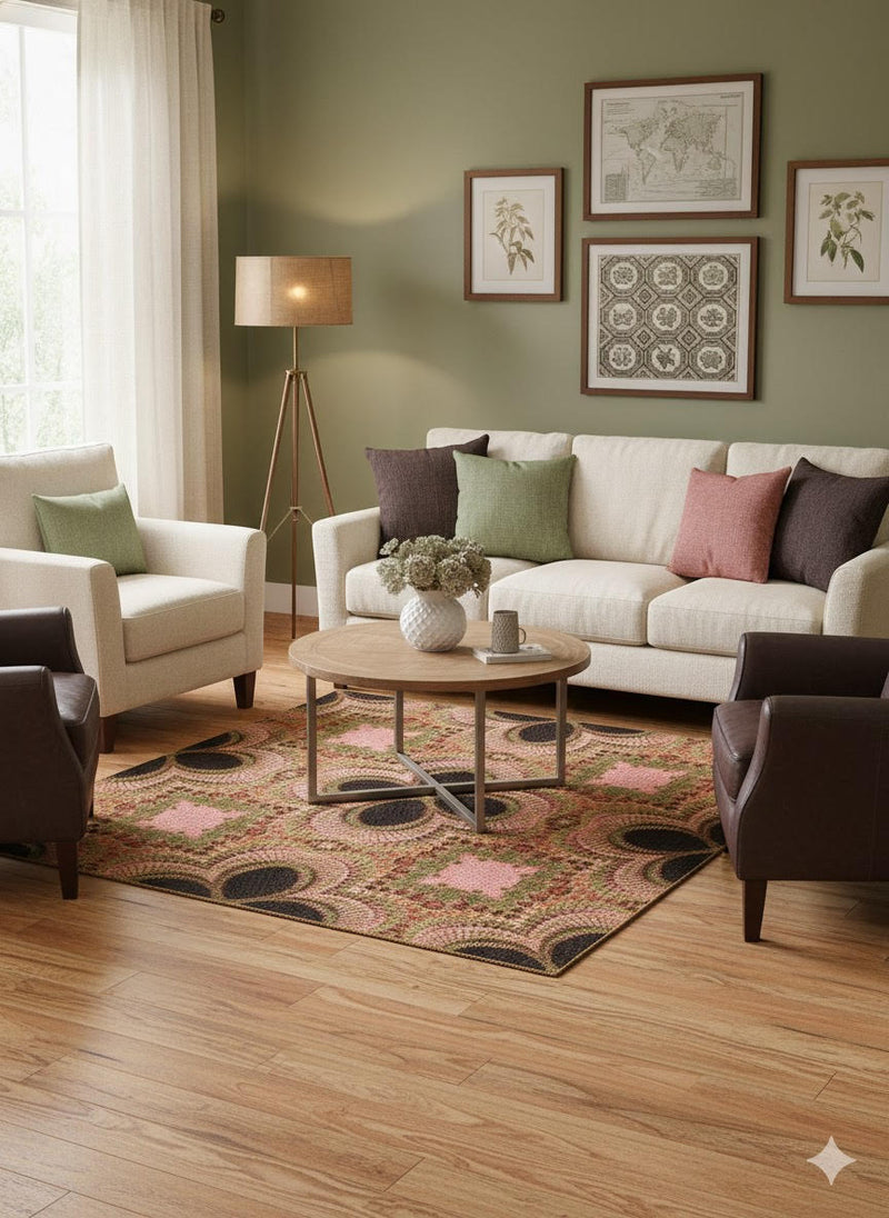 5' x 8' multi color geometric botanical area rug styled in a living room with neutral seating and sage green walls.