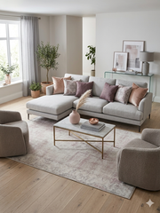 5' x 8' rectangular beige & ivory distressed oriental vintage area rug styled in a bright living room with a neutral sofa and soft accent pillows.