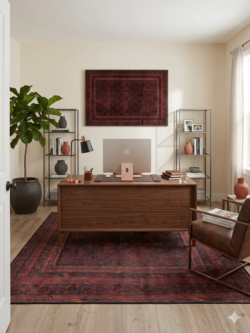 5' x 8' rectangular burgundy & black distressed tribal traditional area rug styled in a home office with a wooden desk and modern shelving.