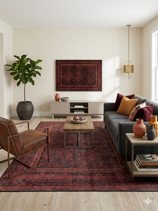 5' x 8' rectangular burgundy & black distressed tribal traditional area rug styled in a living room with a gray sofa, leather chair, and wood accents.