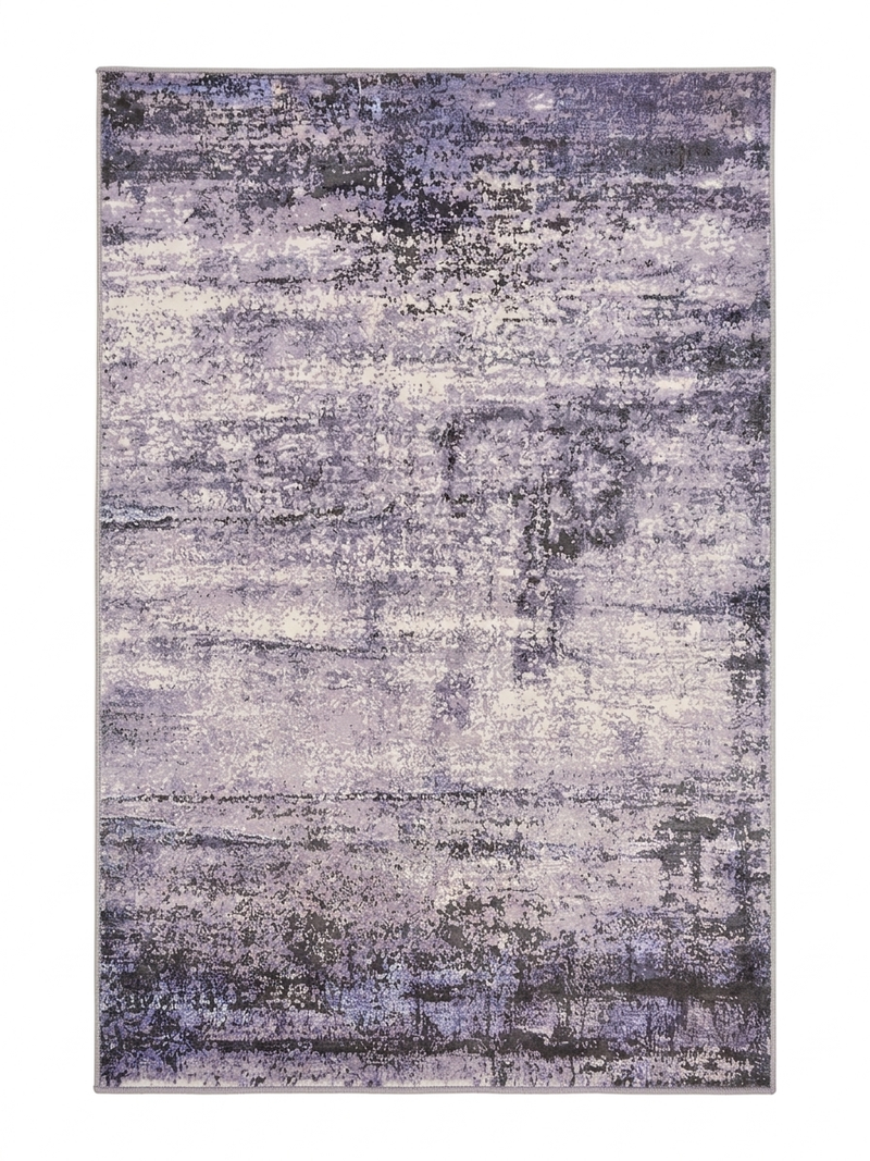 5' x 8' rectangular gray & lavender distressed abstract modern area rug isolated on a white background.