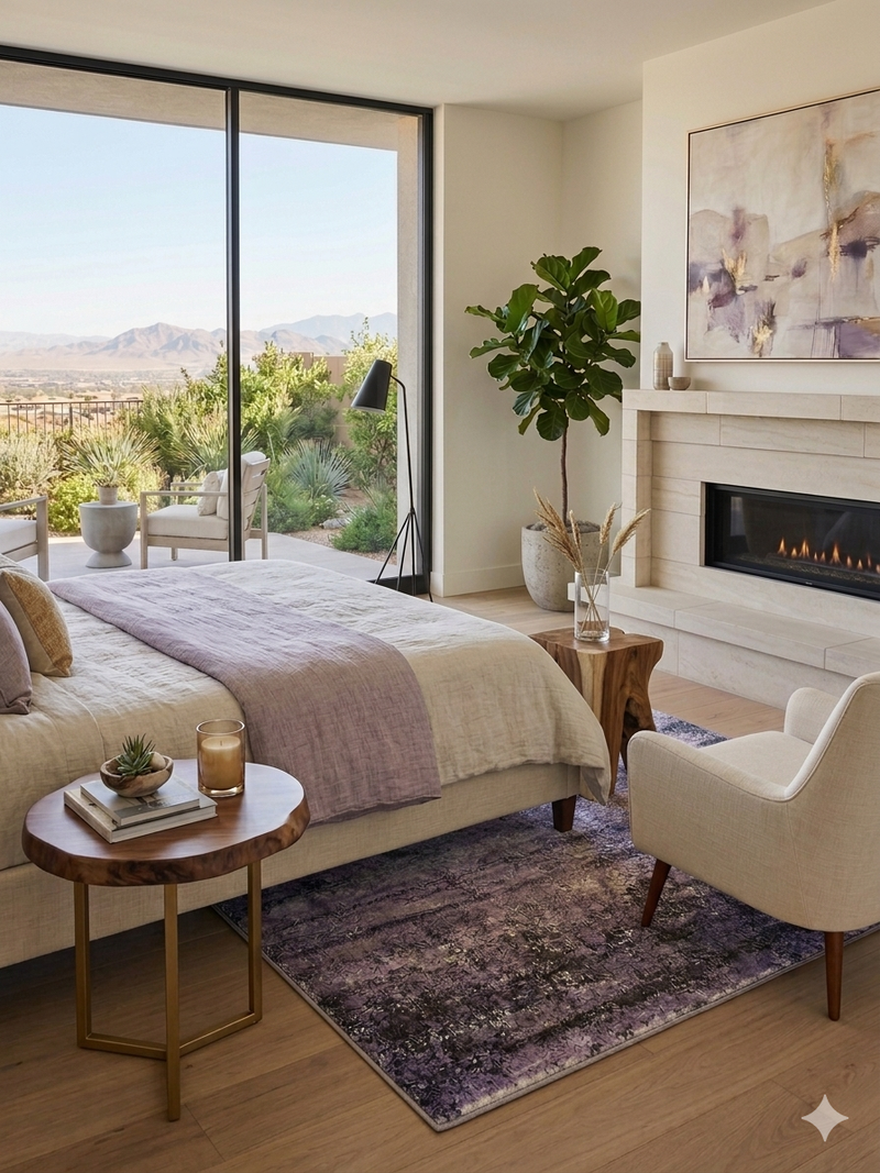 5' x 8' rectangular gray & lavender distressed abstract modern area rug placed in a serene bedroom with soft neutral bedding and natural light.