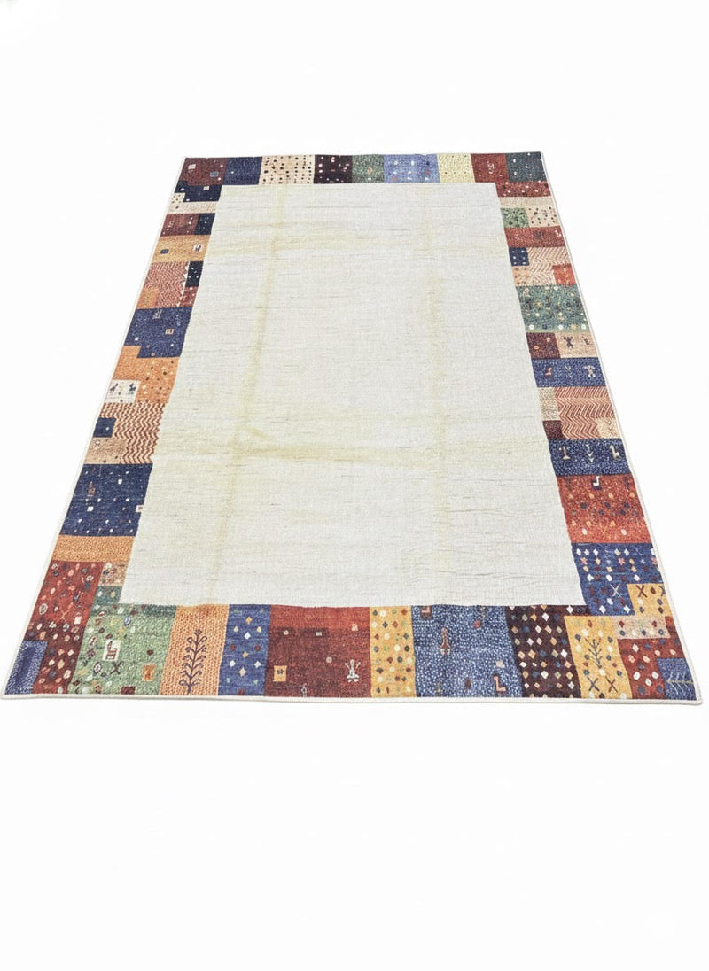 5' x 8' rectangular washable area rug featuring a neutral ivory center with a multi-color patchwork border design in shades of rust, blue, green, gold, and cream.