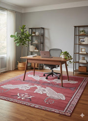5' x 8' rust red and ivory animal motif tribal area rug placed beneath a wooden desk in a modern home office.