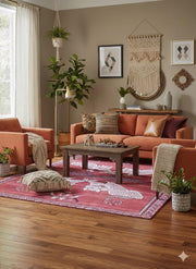 5' x 8' rust red and ivory animal motif tribal area rug styled in a cozy living room with warm earth-tone seating.