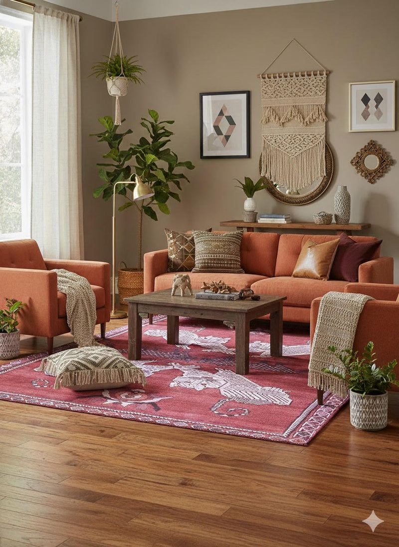 5' x 8' rust red and ivory animal motif tribal area rug styled in a cozy living room with warm earth-tone seating.