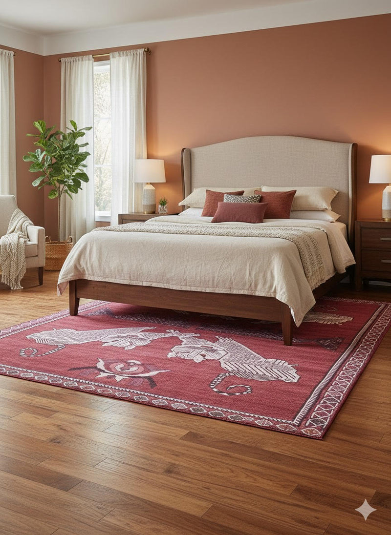 5' x 8' rust red and ivory animal motif tribal area rug styled under a bed in a warm neutral bedroom.