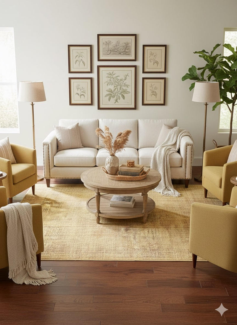 5' x 8' warm sand and natural beige washable solid textured area rug placed in a cozy living room with a neutral sofa, mustard accent chairs, and natural wood décor.