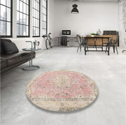 5ft Round Desert Sand Beige Pink Traditional Medallion Area Rug displayed in a modern loft-style living space, highlighting the soft pink center and vintage-inspired medallion design.