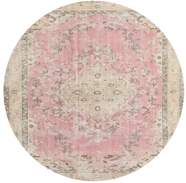 5ft Round Desert Sand Beige Pink Traditional Medallion Area Rug top view showcasing the round shape, faded pink field, and intricate traditional medallion pattern.