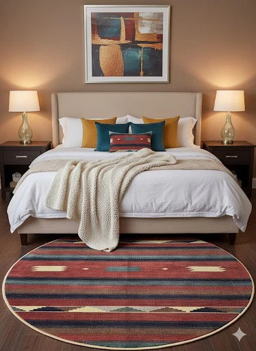 5ft round rust red navy blue beige southwestern stripe bohemian area rug styled at the foot of a bed in a warm neutral bedroom.