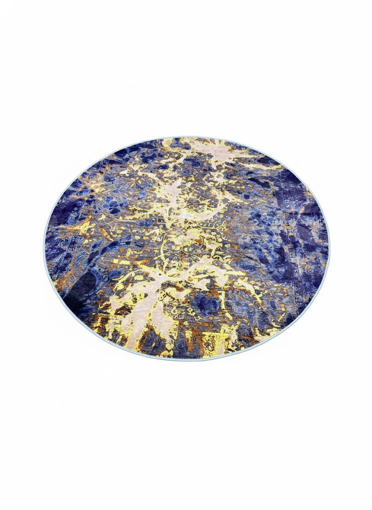 6-foot round modern area rug featuring a navy blue base with gold and cream abstract marble-style patterns.