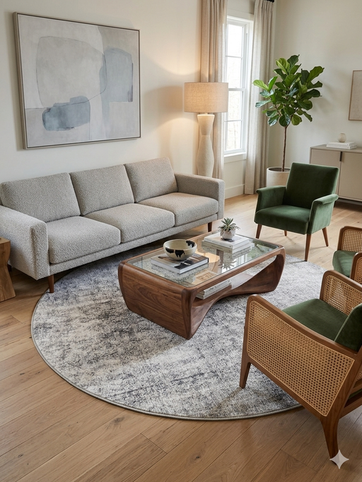 6' Round Beige & Gray Distressed Abstract Modern Area Rug styled in a living room with modern furniture and warm wood accents.