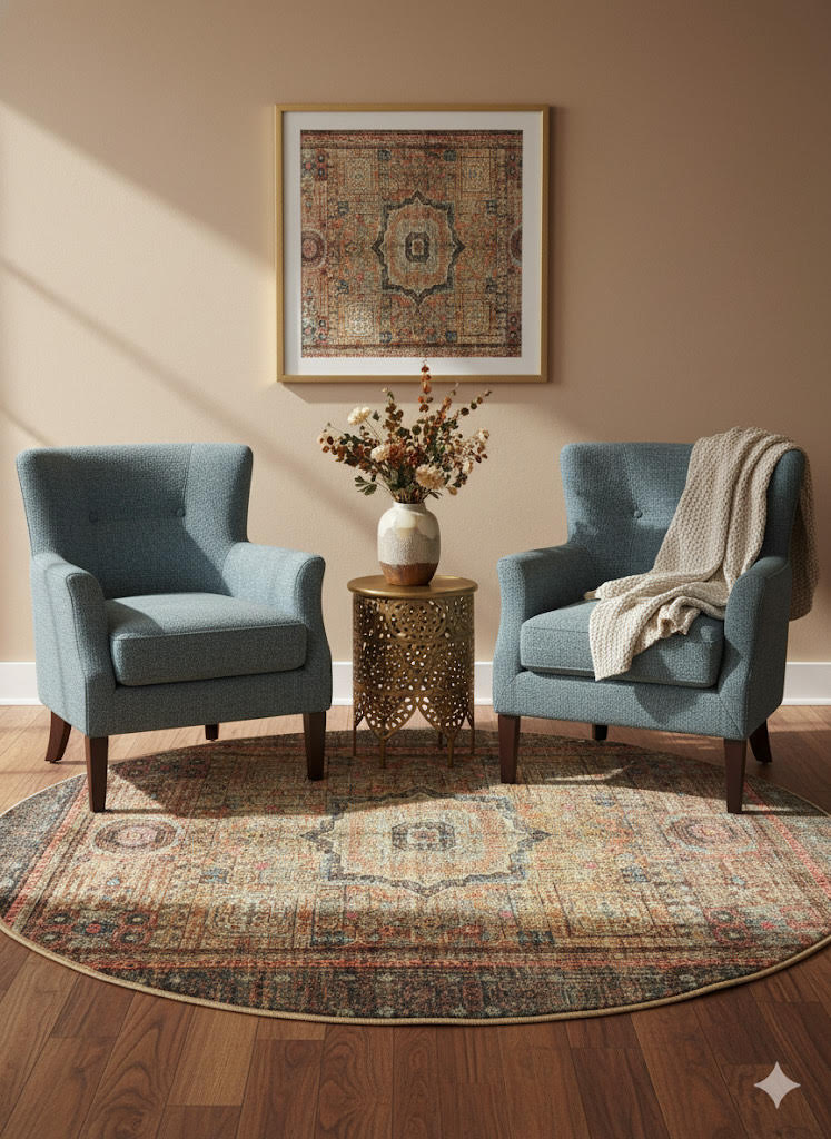 6' Round Beige Teal & Rust Vintage Medallion Traditional Area Rug styled in a cozy sitting area with blue accent chairs, wood flooring, and warm neutral walls.