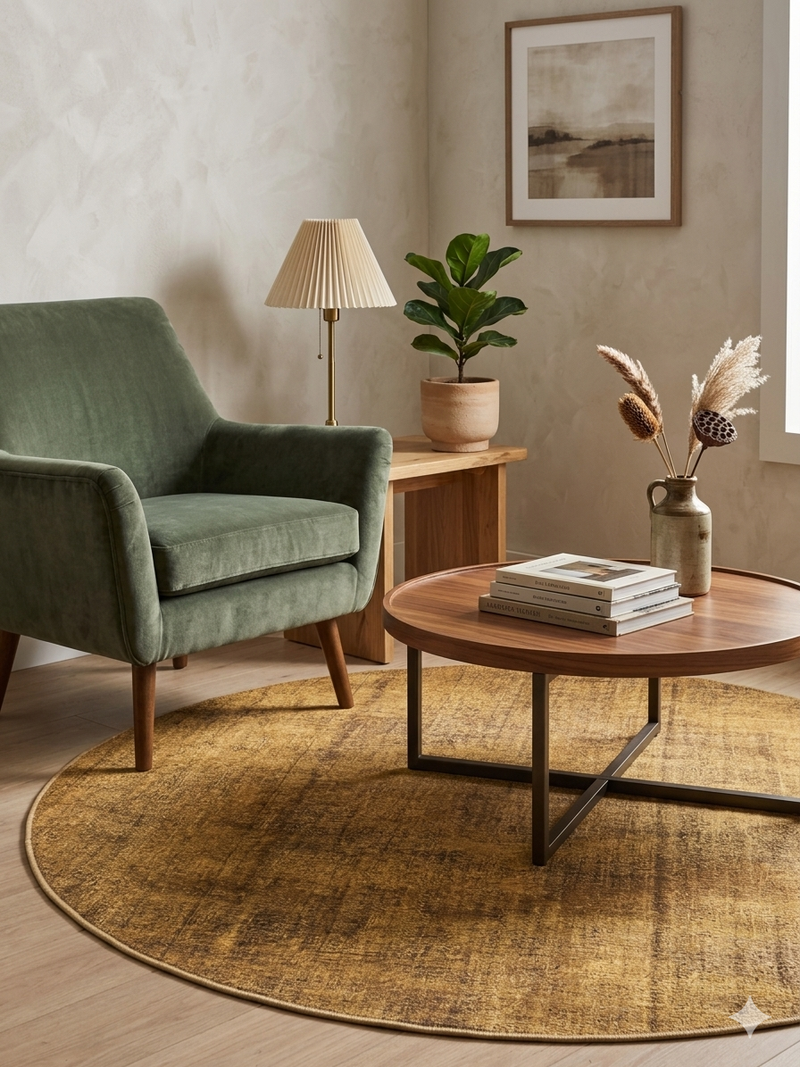 6' Round Gold & Brown Distressed Abstract Modern Washable Area Rug styled in a cozy living space with a green accent chair, wood table, and warm neutral decor.