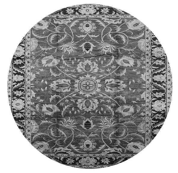 6' Round Gray Oriental Industrial Area Rug product view highlighting the circular shape, distressed gray tones, and ornate traditional floral motifs.