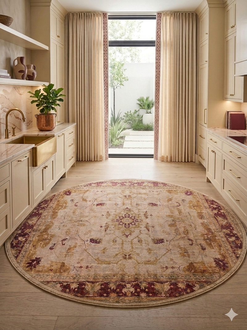 6' Round Ivory Burgundy Floral Medallion Traditional Area Rug styled in a bright kitchen with cream cabinetry and traditional accents.